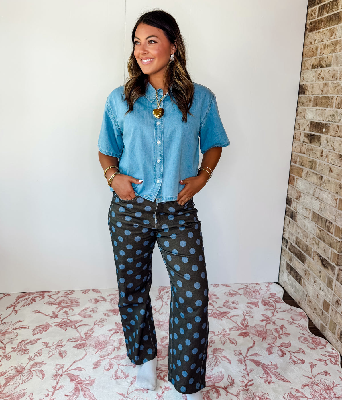 Dark Olive/Blue Polka Dot Print Cotton Twill Wide Straight Leg Pants