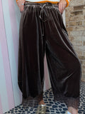 Velvet Wide Leg Pants with Lace Hem Detail - Dark Mocha