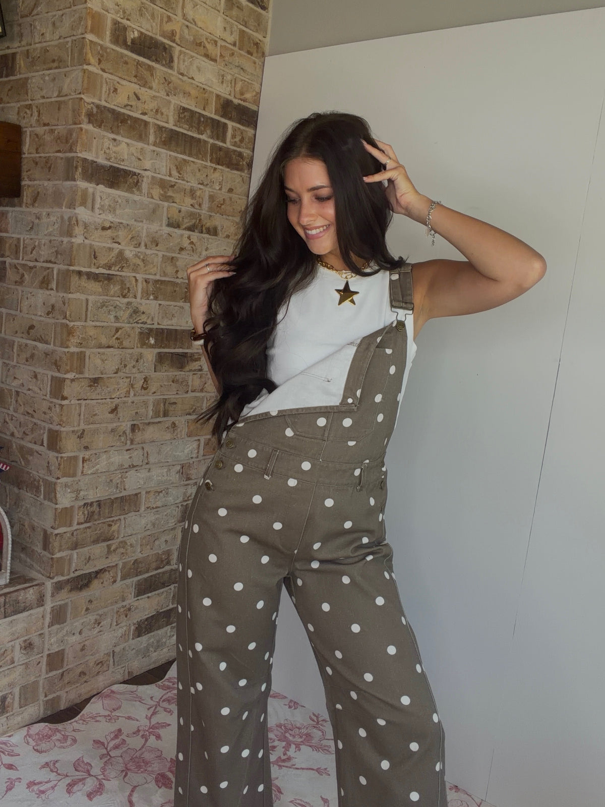 Brown/Cream Polka Dot Printed Twill Overall