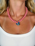 Red/white striped beads with blue butterfly necklace