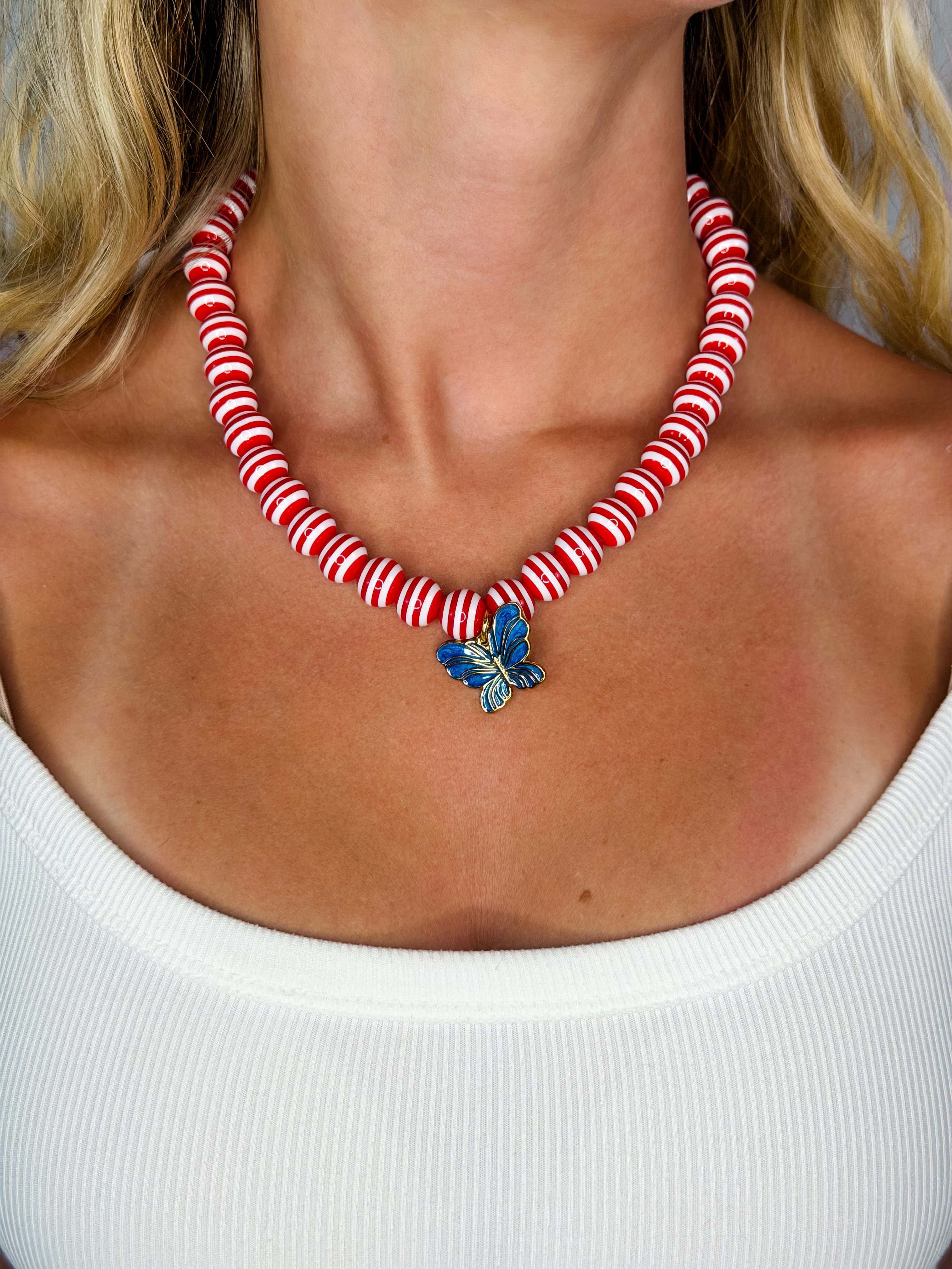 Red/white striped beads with blue butterfly necklace