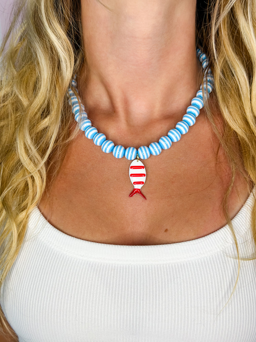 Blue/white striped beads Red/white striped fish necklace