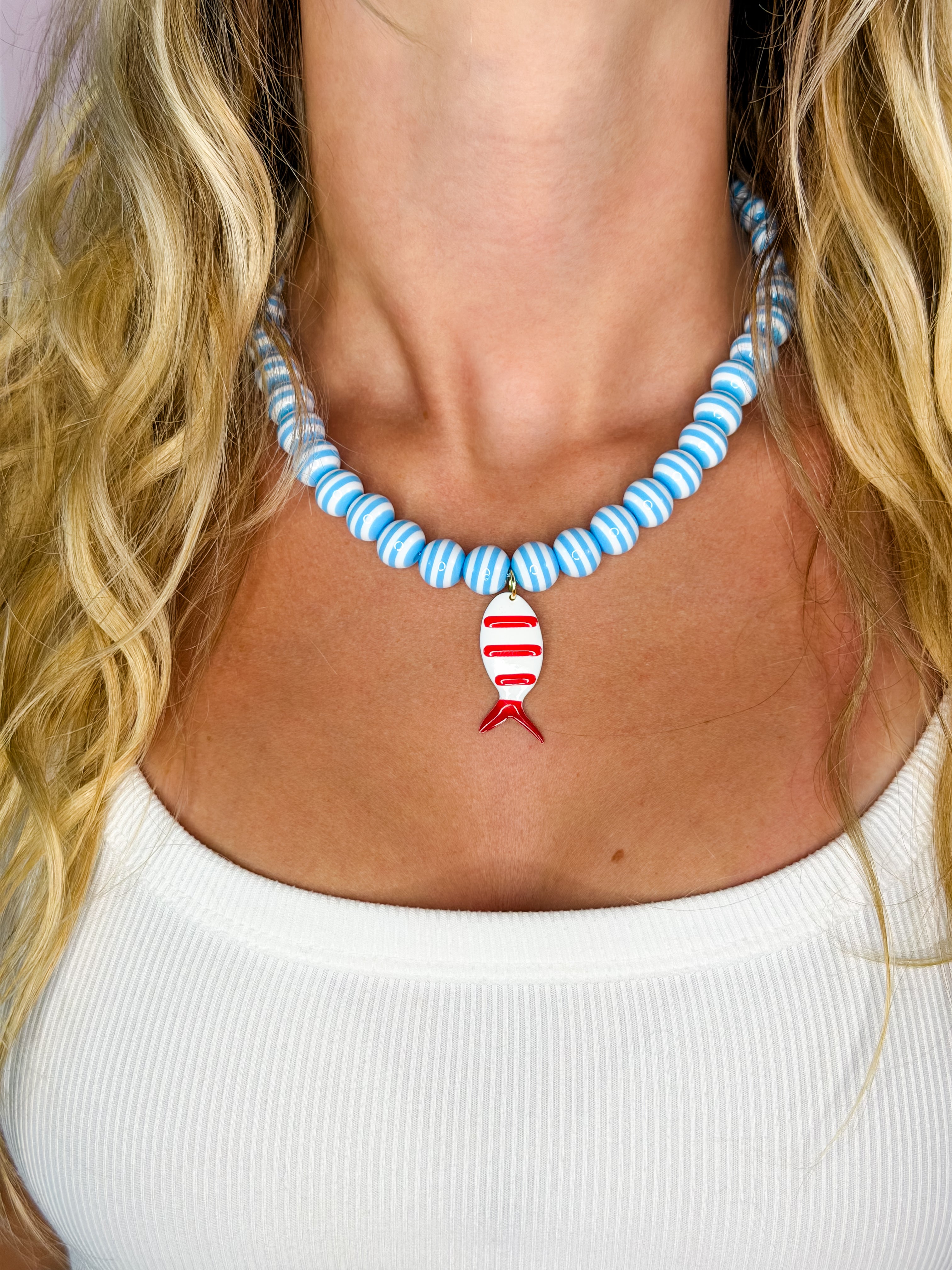 Blue/white striped beads Red/white striped fish necklace