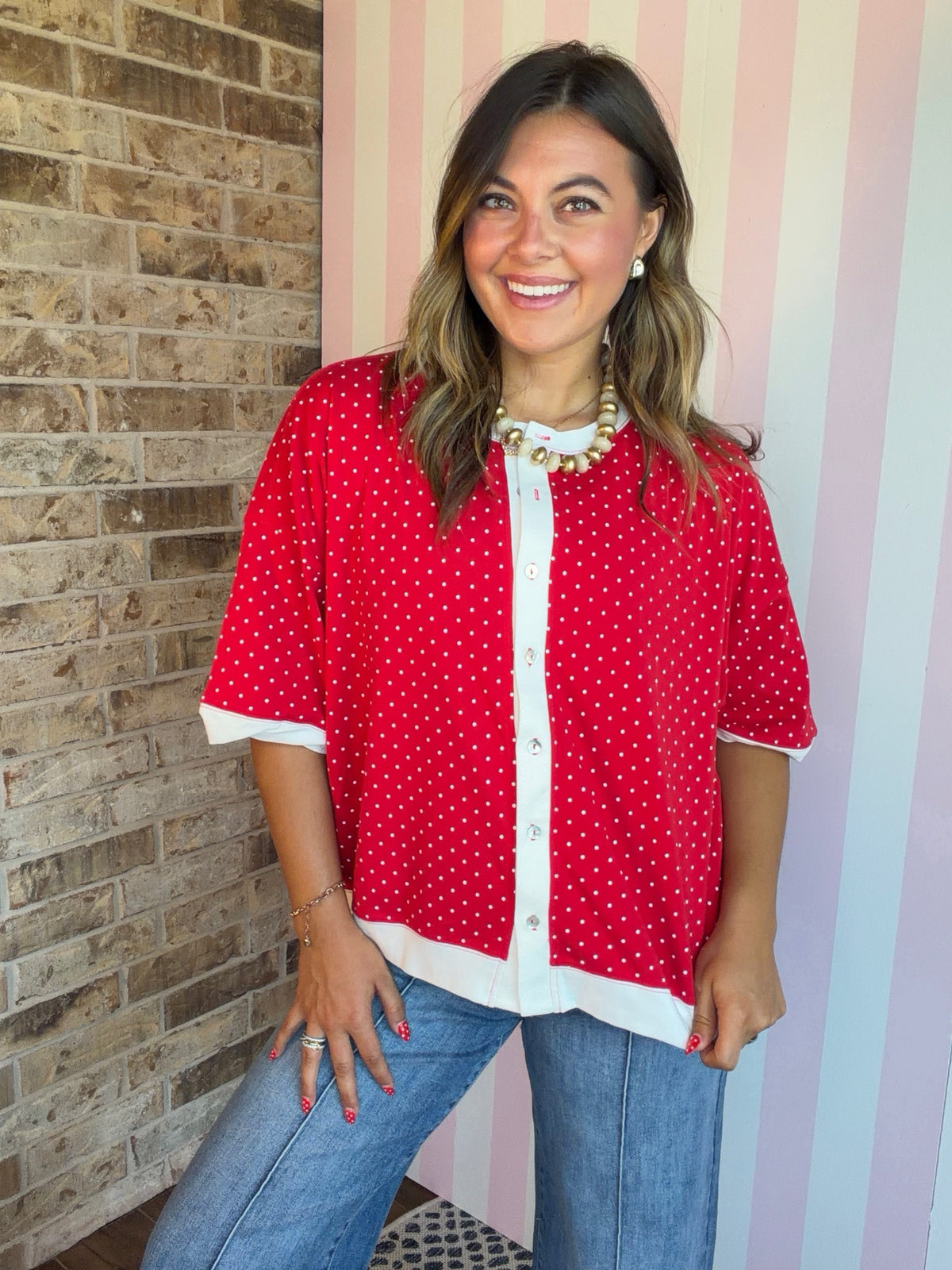 Relaxed Soft Knit Red Polka Dot Button Front Top