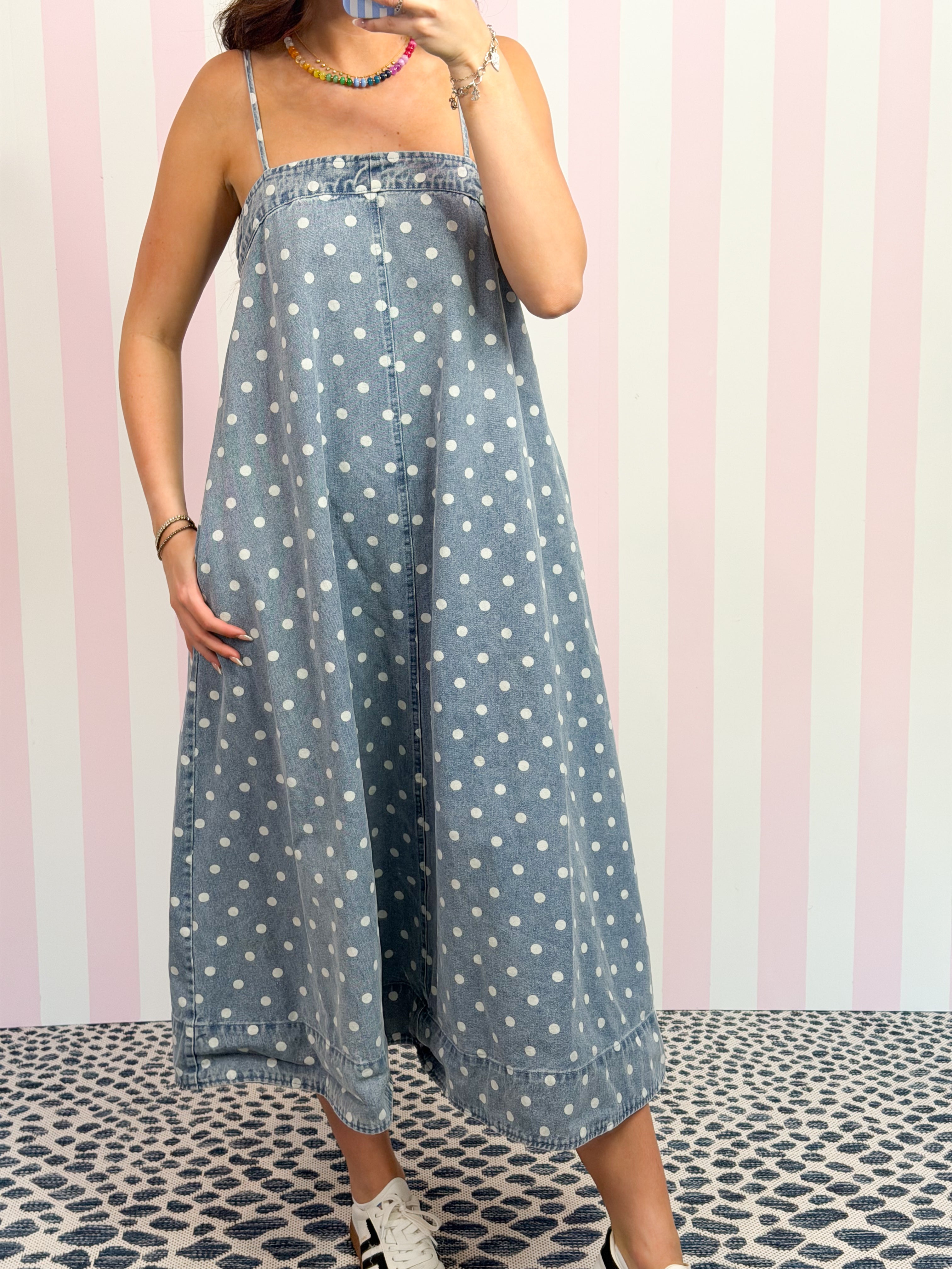 Polka Dot Denim A-line Midi Dress