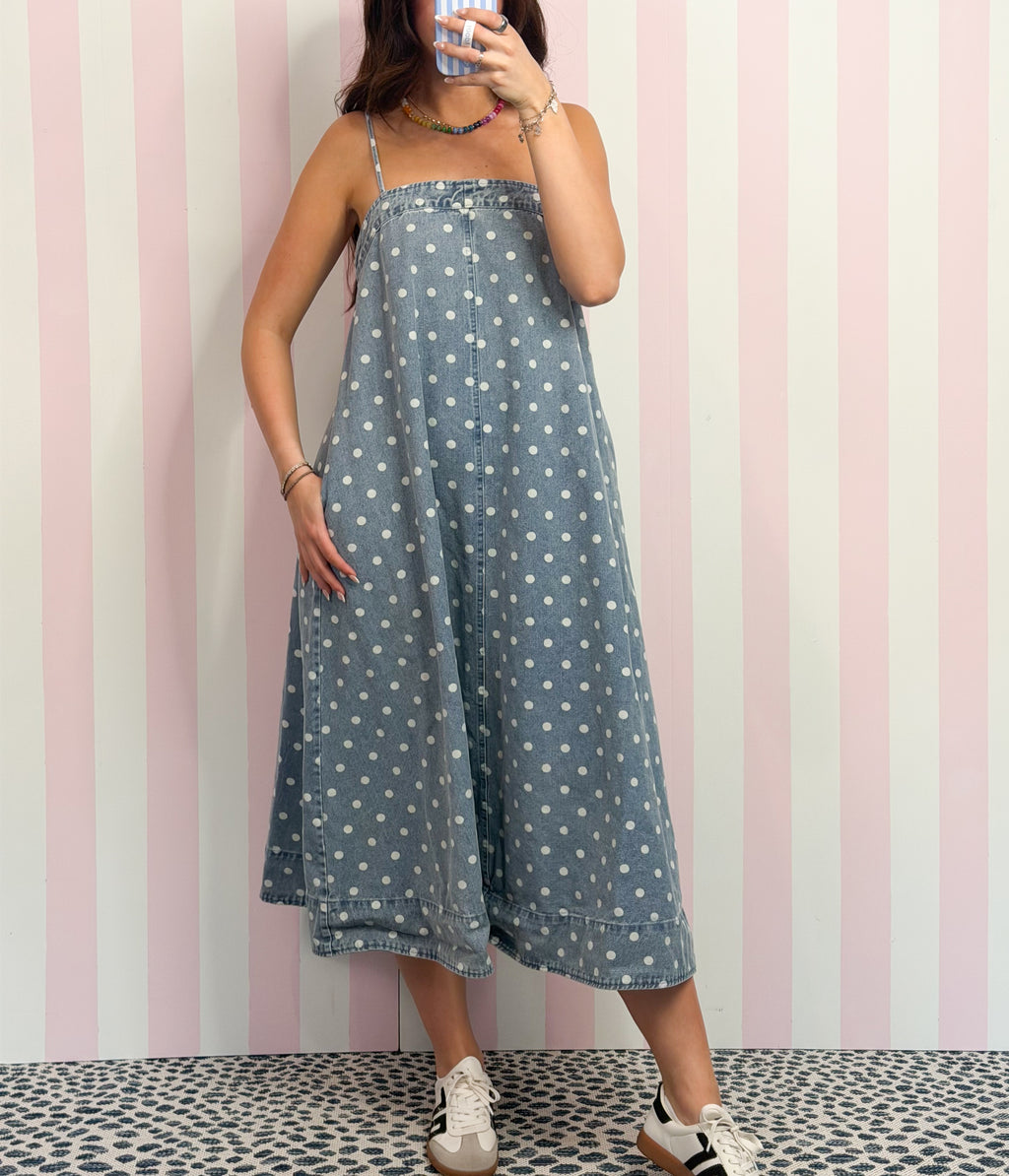 Polka Dot Denim A-line Midi Dress