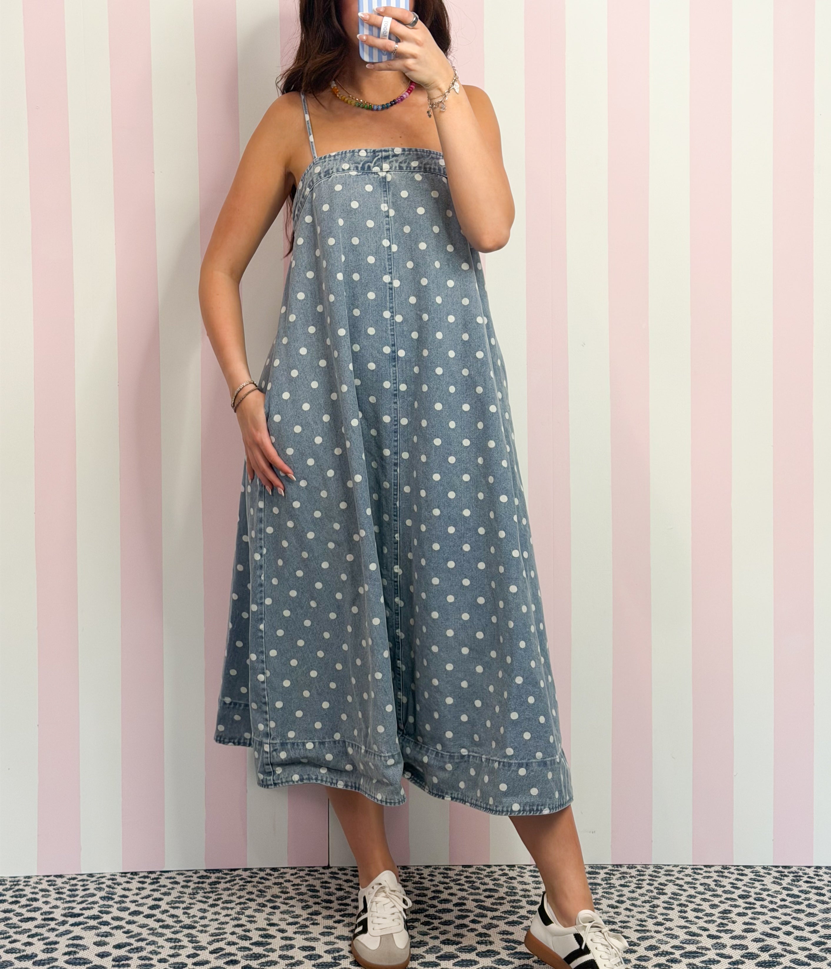 Polka Dot Denim A-line Midi Dress