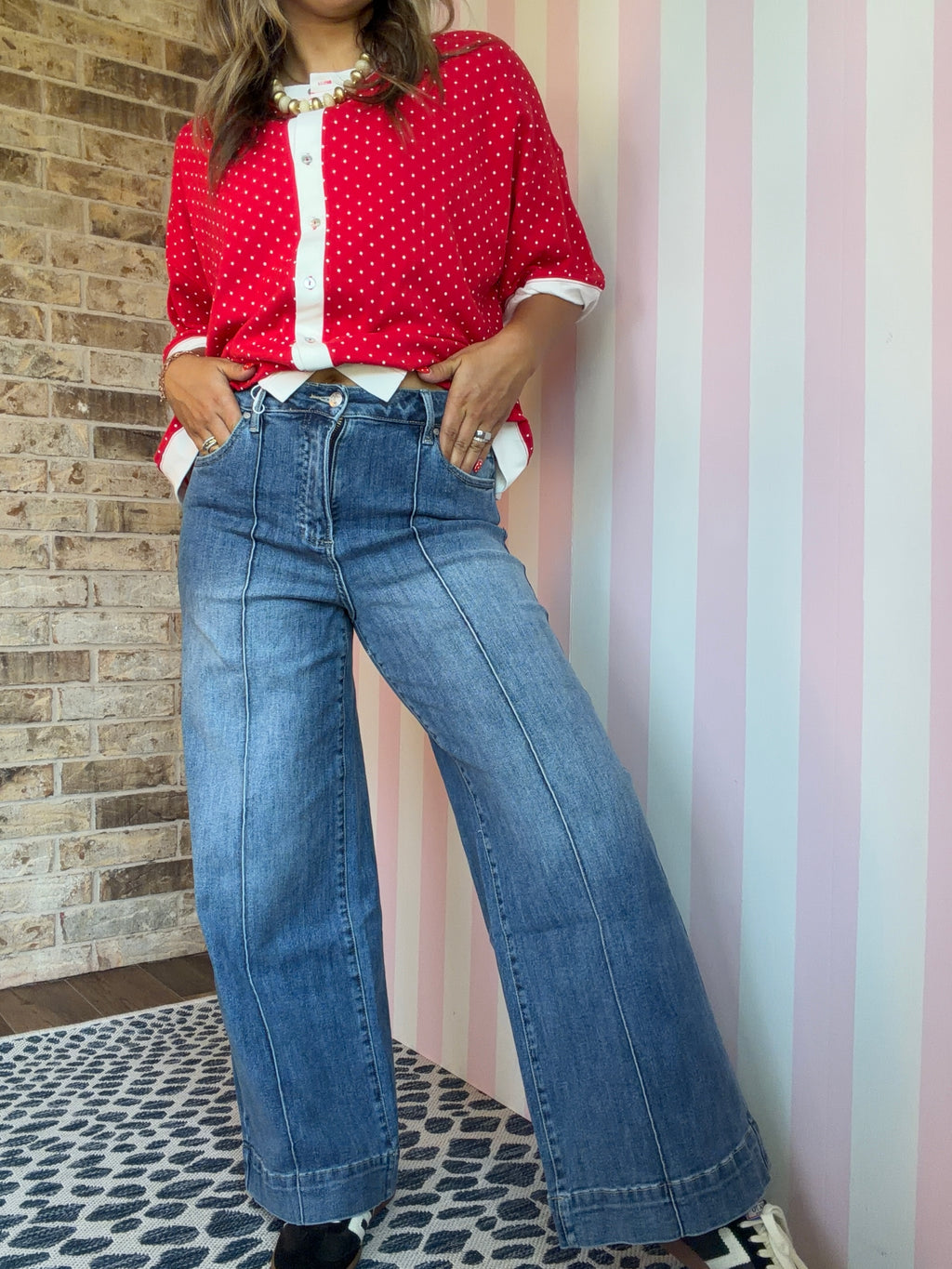 Relaxed Soft Knit Red Polka Dot Button Front Top