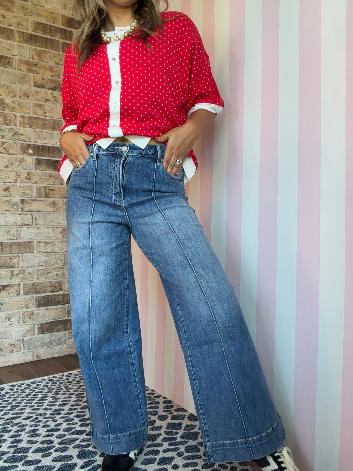 Relaxed Soft Knit Red Polka Dot Button Front Top