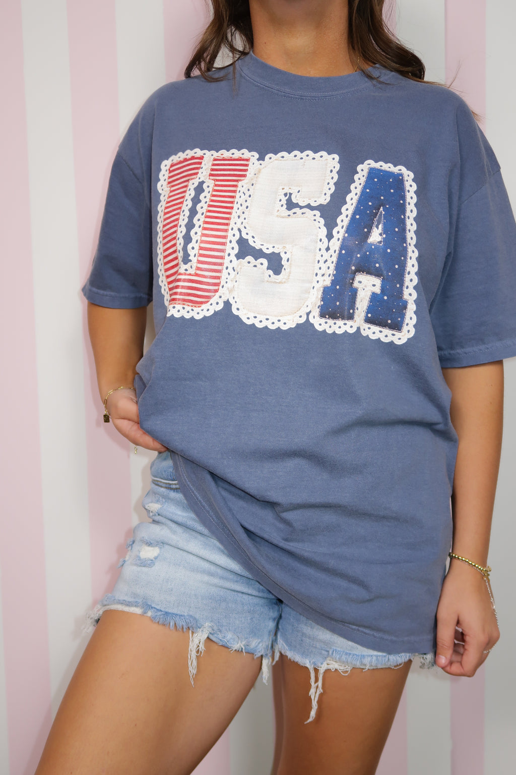 USA Lace Graphic Tee on Denim