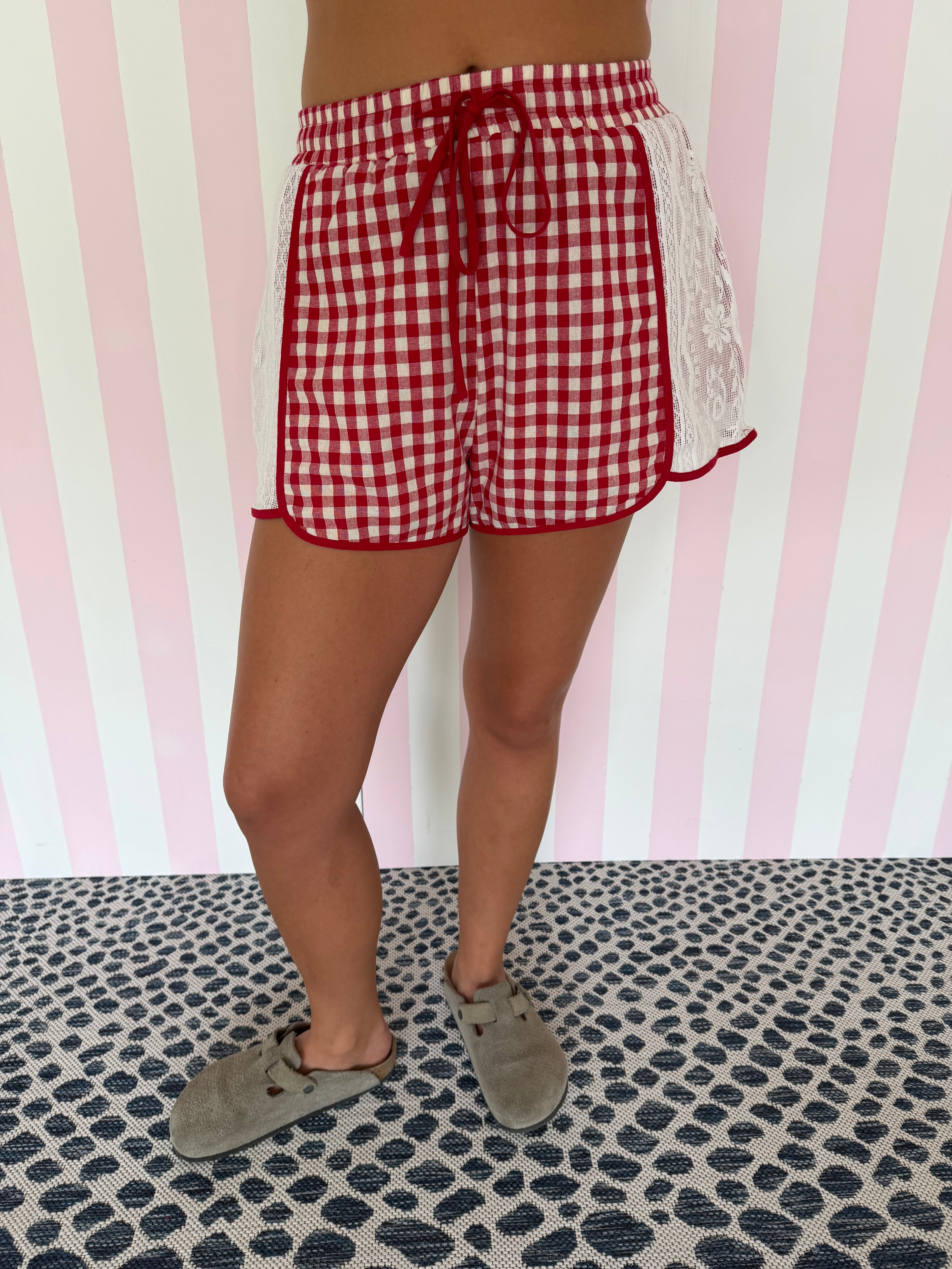 Gingham Mini Shorts With Floral Lace