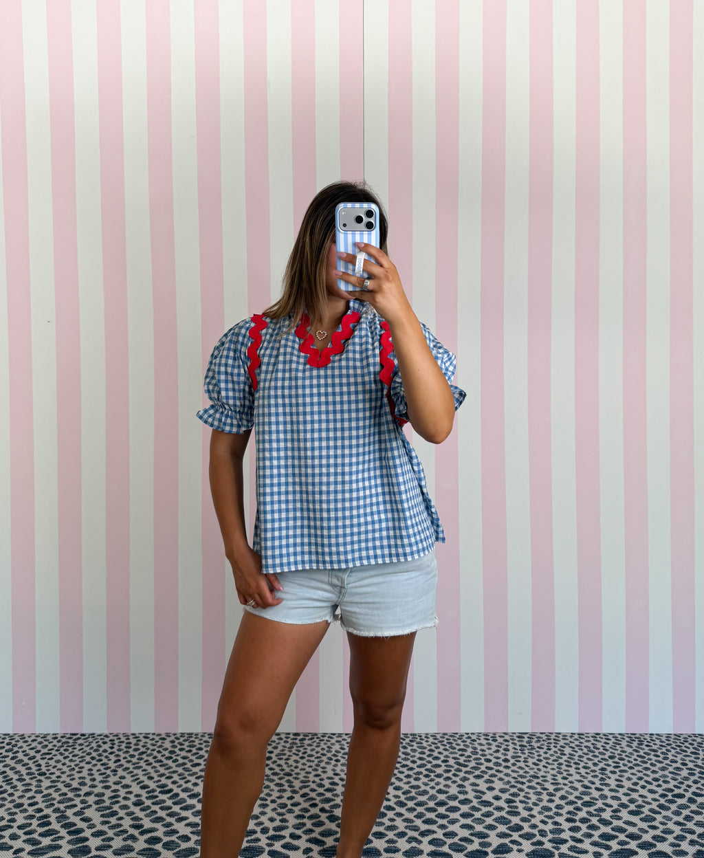 Ric-rac Trimmed Gingham Check Puff Sleeve Blouse