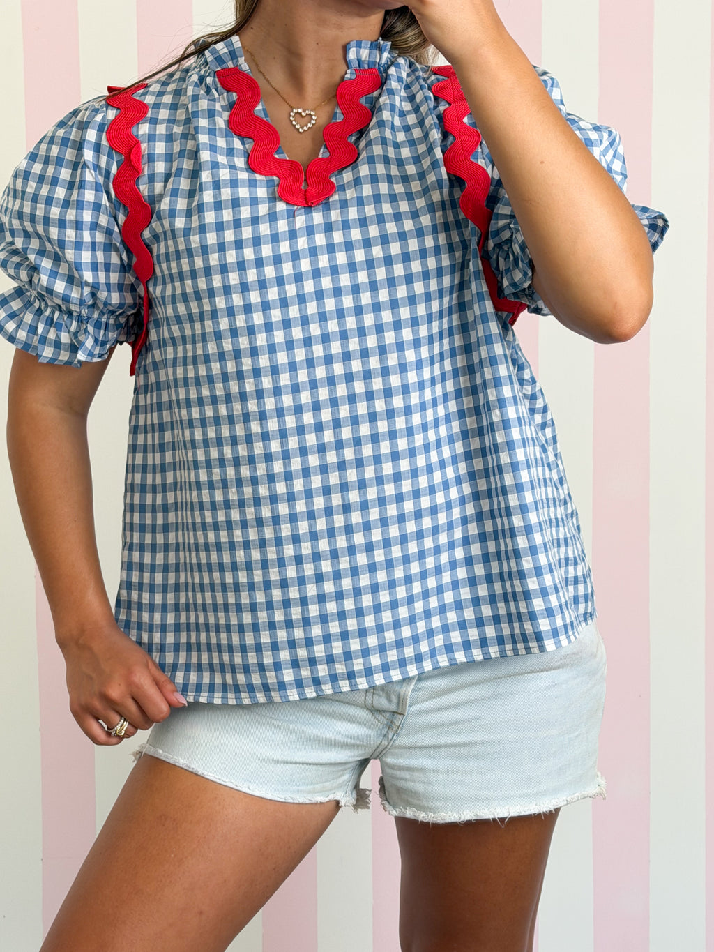 Ric-rac Trimmed Gingham Check Puff Sleeve Blouse