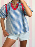 Ric-rac Trimmed Gingham Check Puff Sleeve Blouse