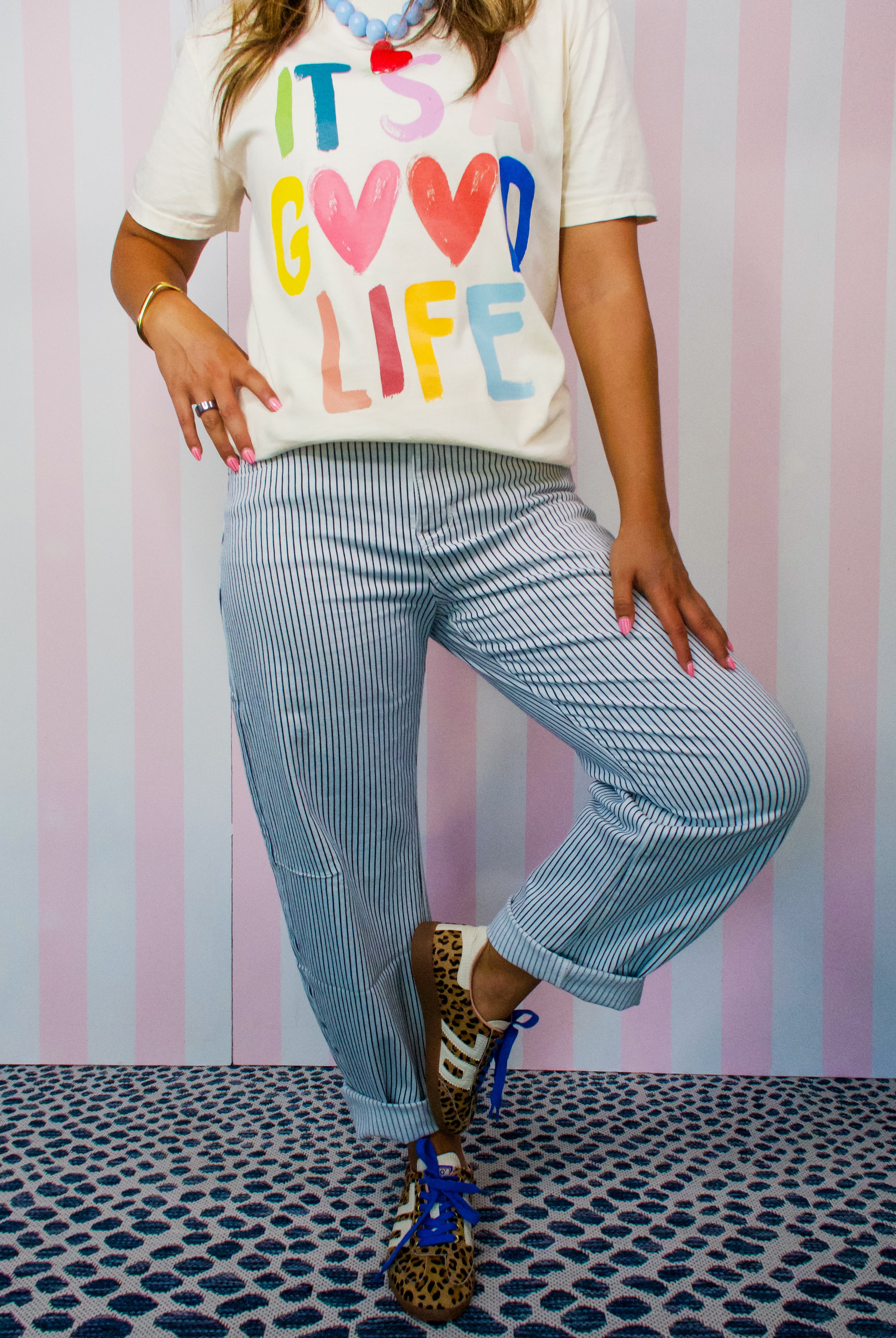 Pinstripe Stretch Denim Slim Barrel Leg Jeans