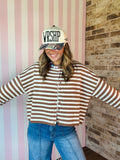 Brown Striped Button Up Curly Hem Oversize Cardigan