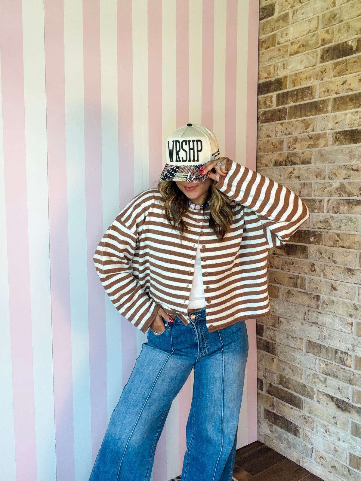 Brown Striped Button Up Curly Hem Oversize Cardigan