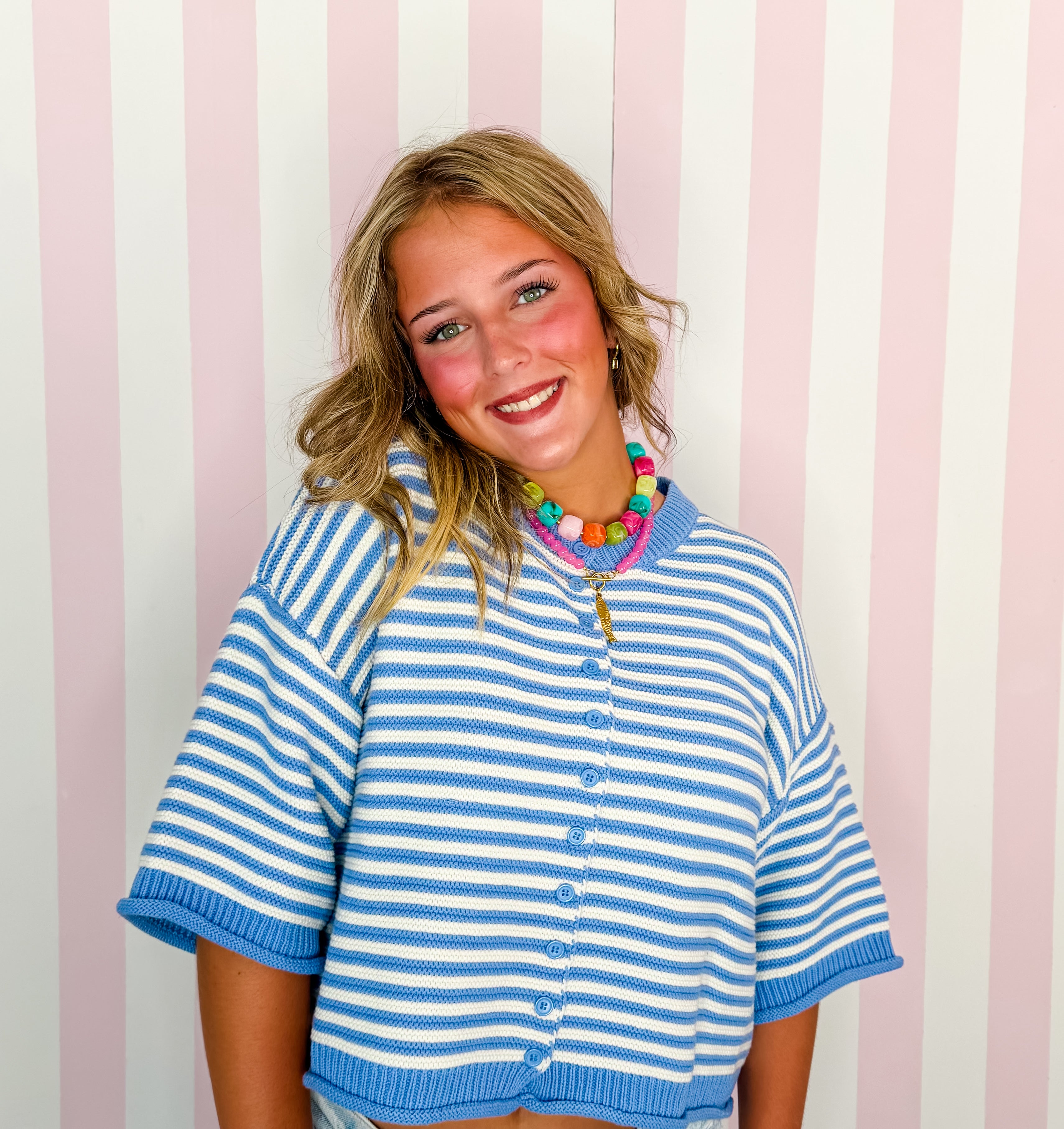Blue/Off White Thin Striped Curly Edge Half Sleeve Oversized Sweater Cardigan