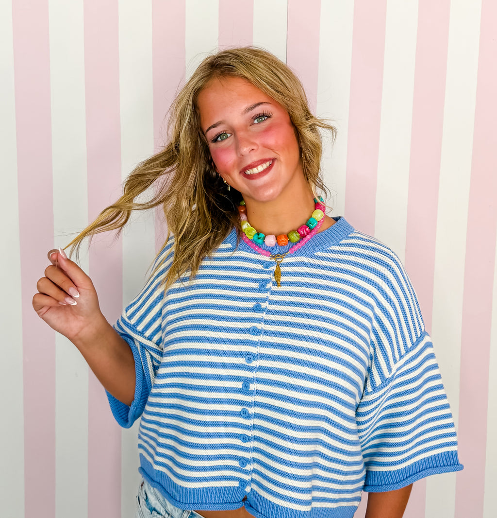 Blue/Off White Thin Striped Curly Edge Half Sleeve Oversized Sweater Cardigan