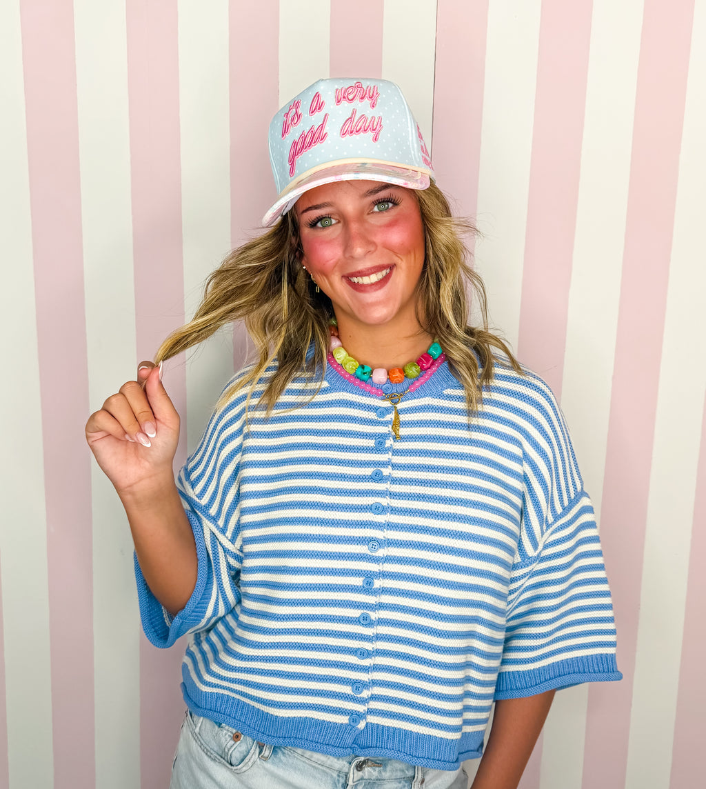 Blue/Off White Thin Striped Curly Edge Half Sleeve Oversized Sweater Cardigan