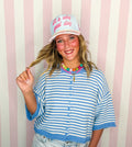 Blue/Off White Thin Striped Curly Edge Half Sleeve Oversized Sweater Cardigan