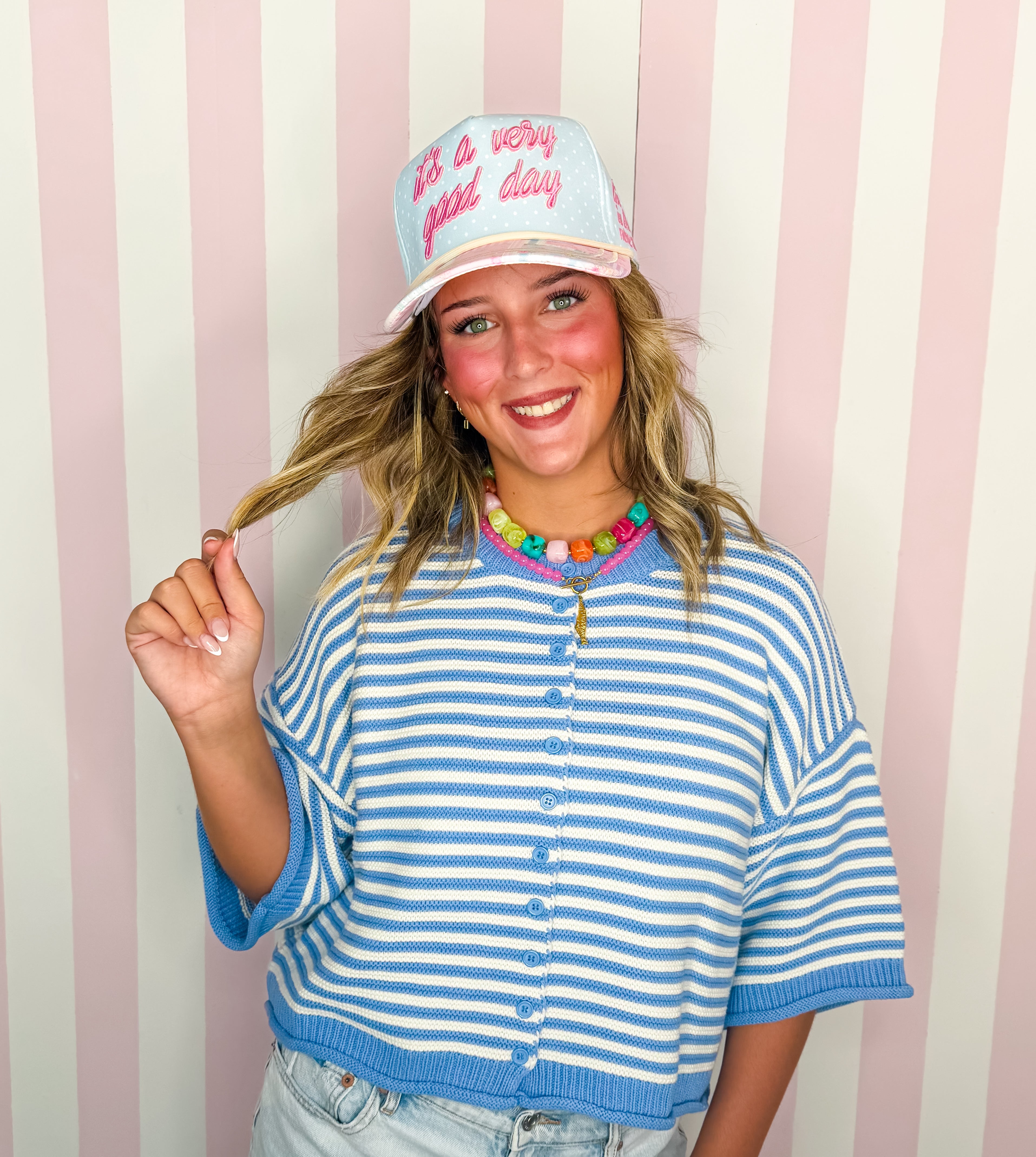 Blue/Off White Thin Striped Curly Edge Half Sleeve Oversized Sweater Cardigan