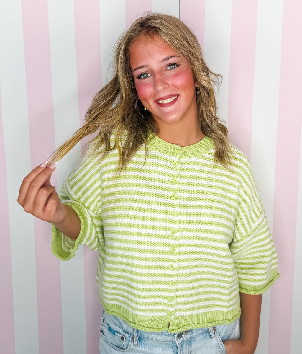 Chartreuse Green/Off White Thin Striped Curly Edge Half Sleeve Oversized Sweater Cardigan