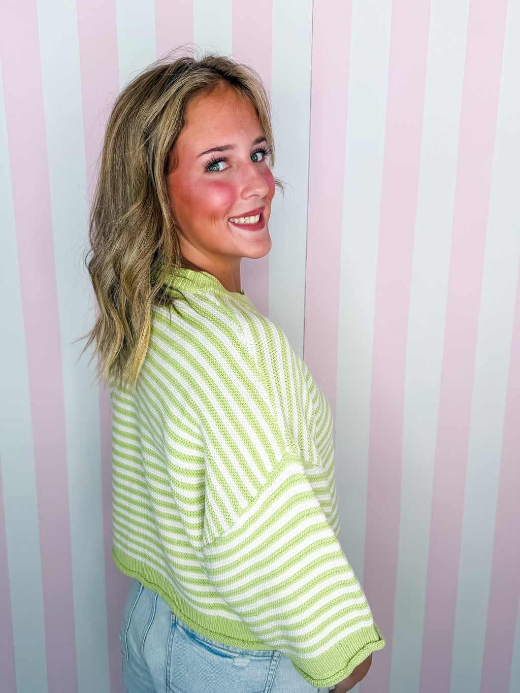 Chartreuse Green/Off White Thin Striped Curly Edge Half Sleeve Oversized Sweater Cardigan