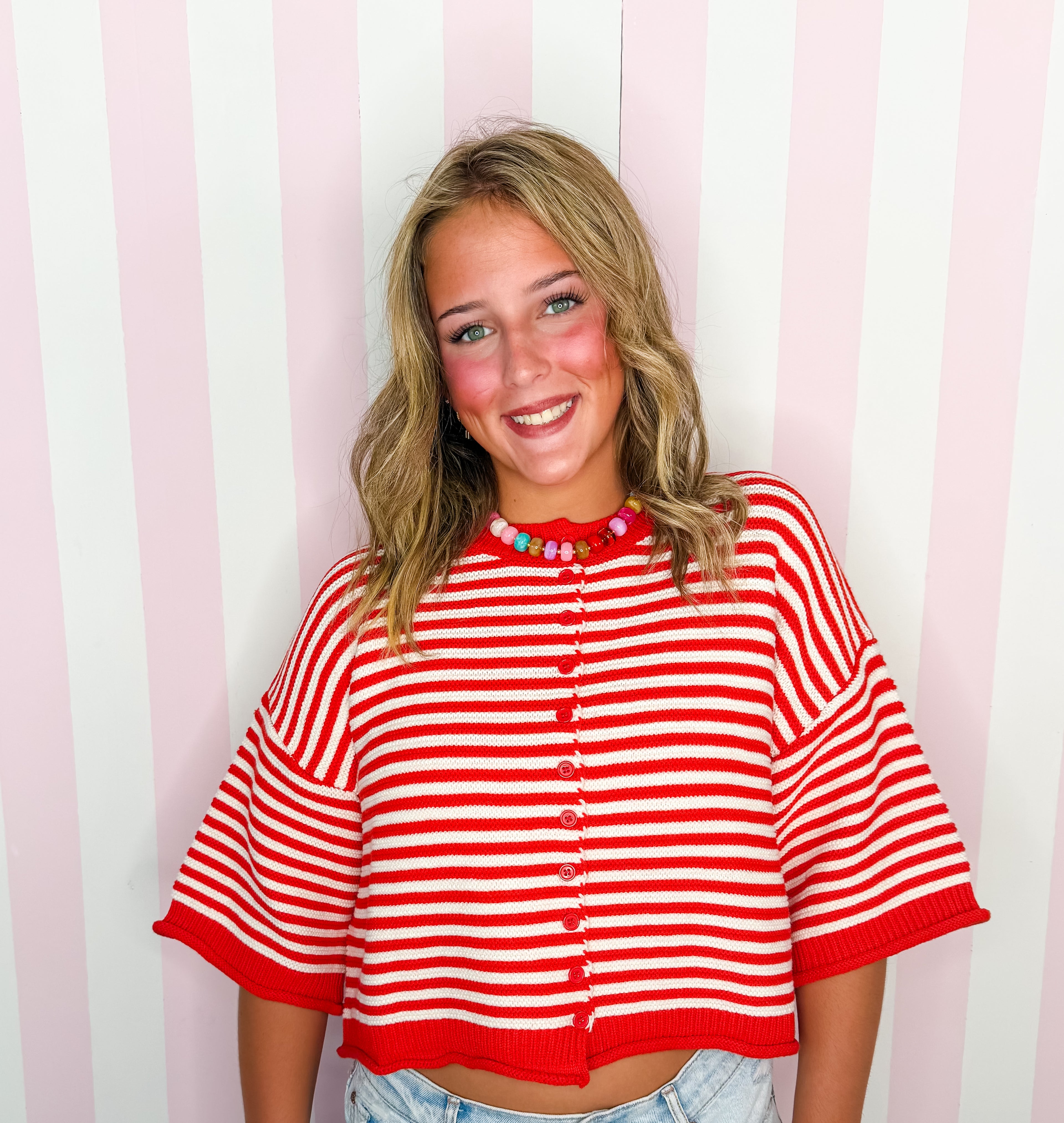 Red/Off White Thin Striped Curly Edge Half Sleeve Oversized Sweater Cardigan