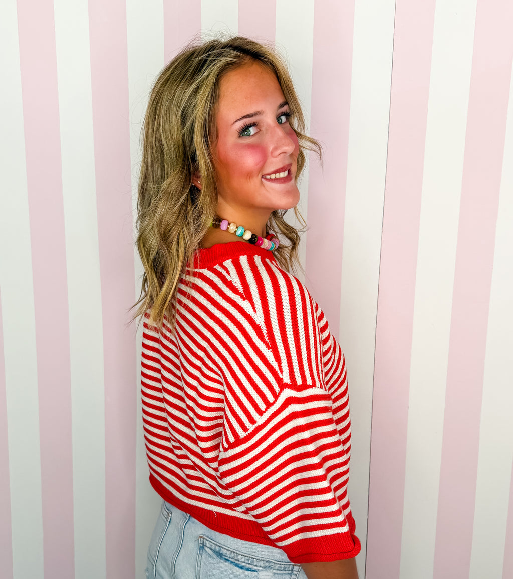 Red/Off White Thin Striped Curly Edge Half Sleeve Oversized Sweater Cardigan