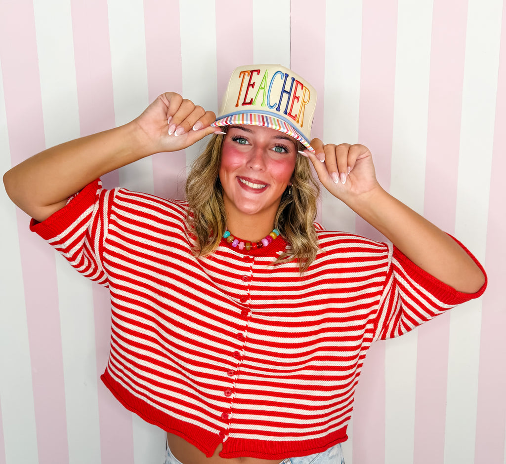 Red/Off White Thin Striped Curly Edge Half Sleeve Oversized Sweater Cardigan