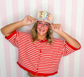 Red/Off White Thin Striped Curly Edge Half Sleeve Oversized Sweater Cardigan