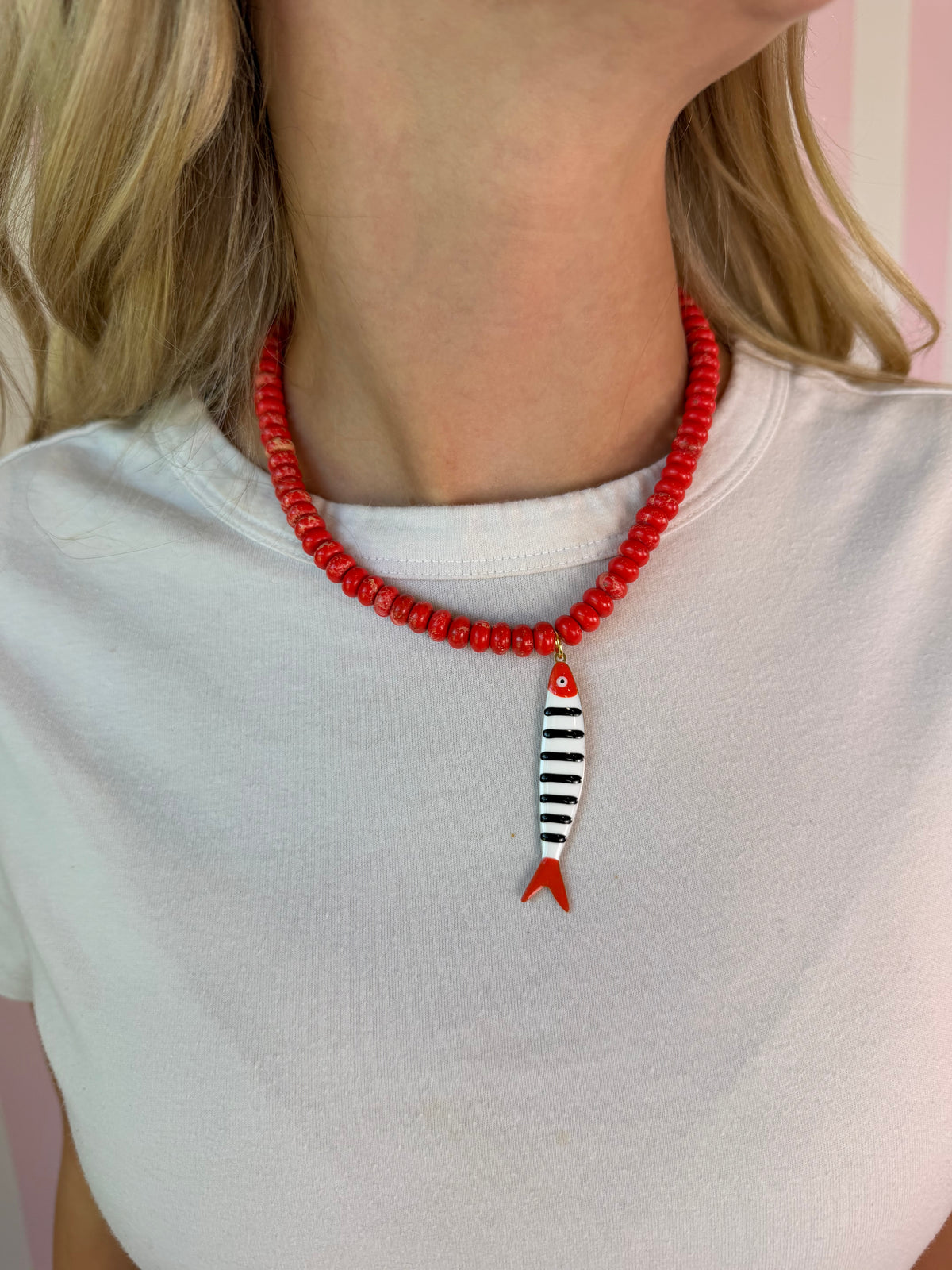 Red Beaded Necklace w/ white/black Striped Fish
