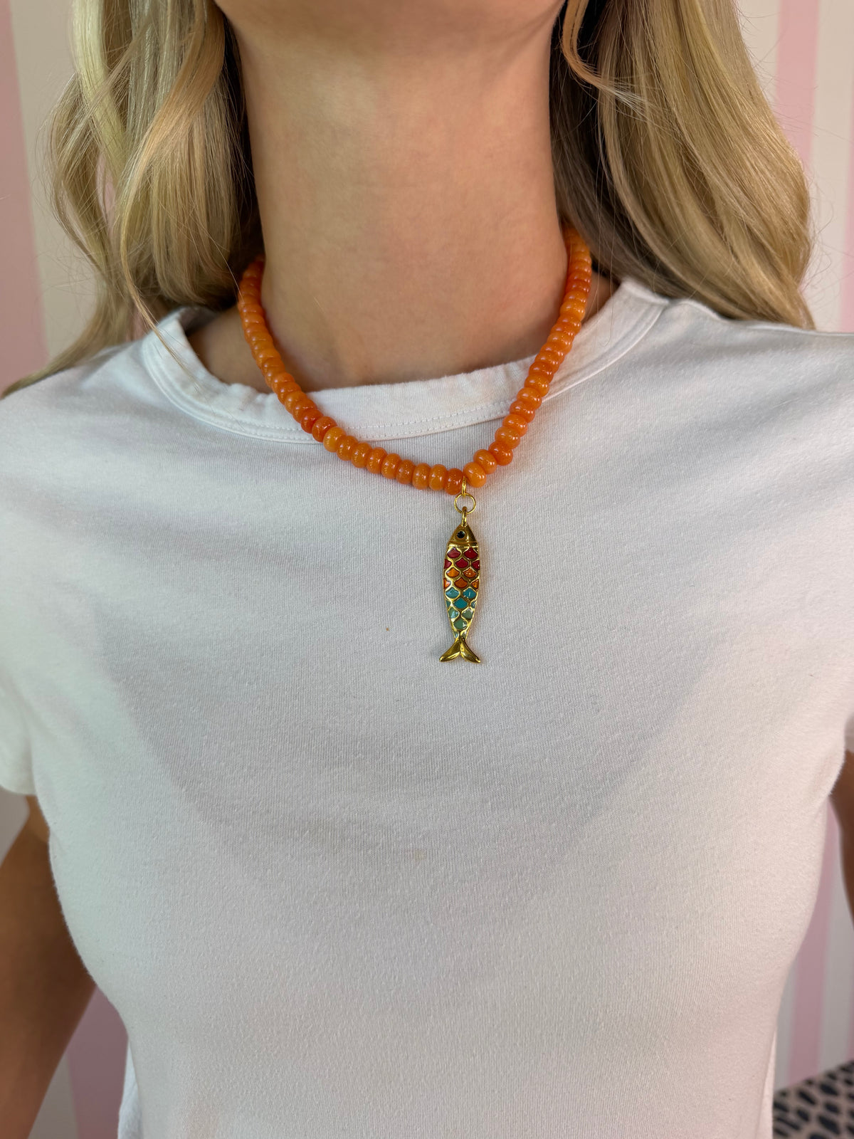 Fall Orange Beaded Necklace w/ Gold Fish