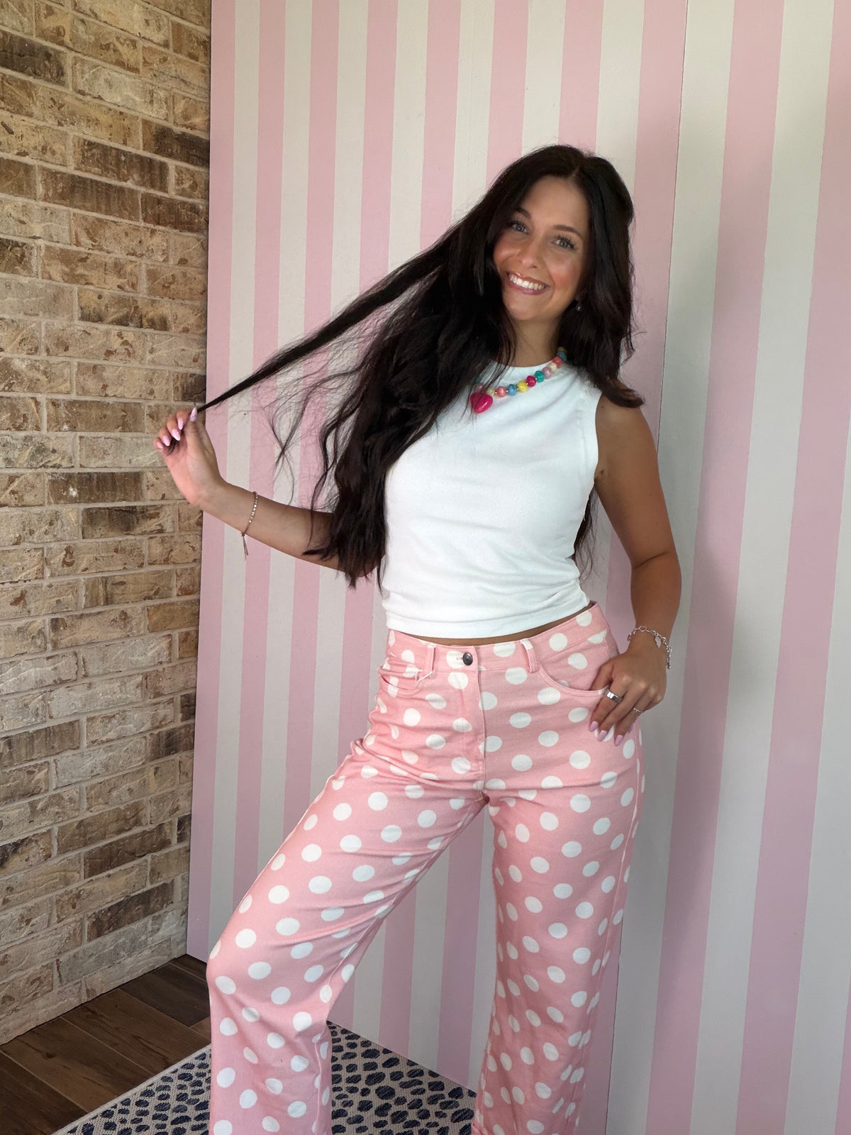 Polka Dot Print Cotton Twill Wide Straight Leg Pants