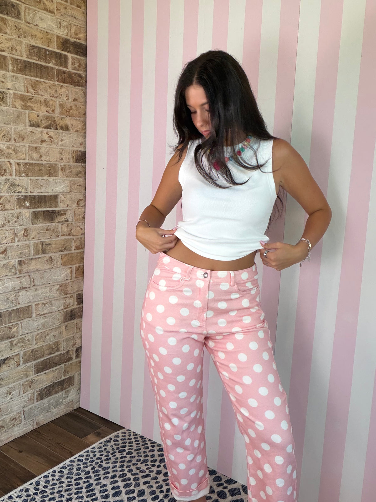 Polka Dot Print Cotton Twill Wide Straight Leg Pants