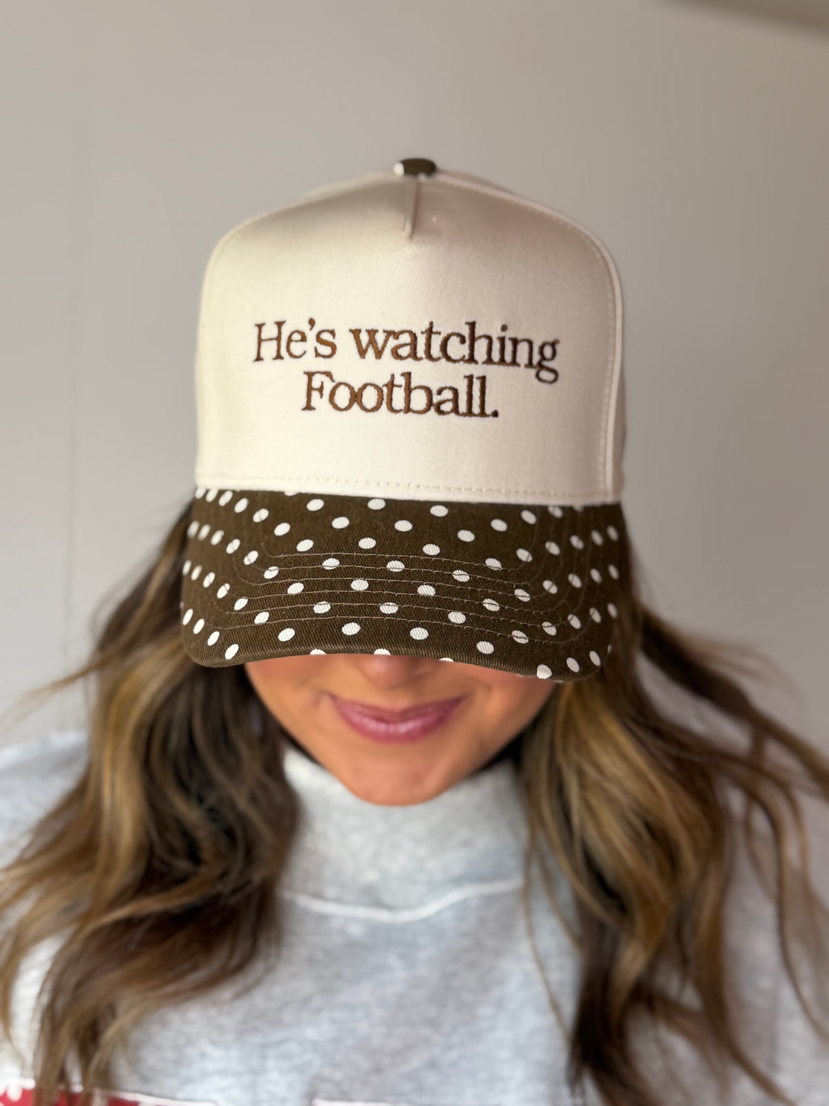 He's Watching Football - Brown Polka Dot Hat