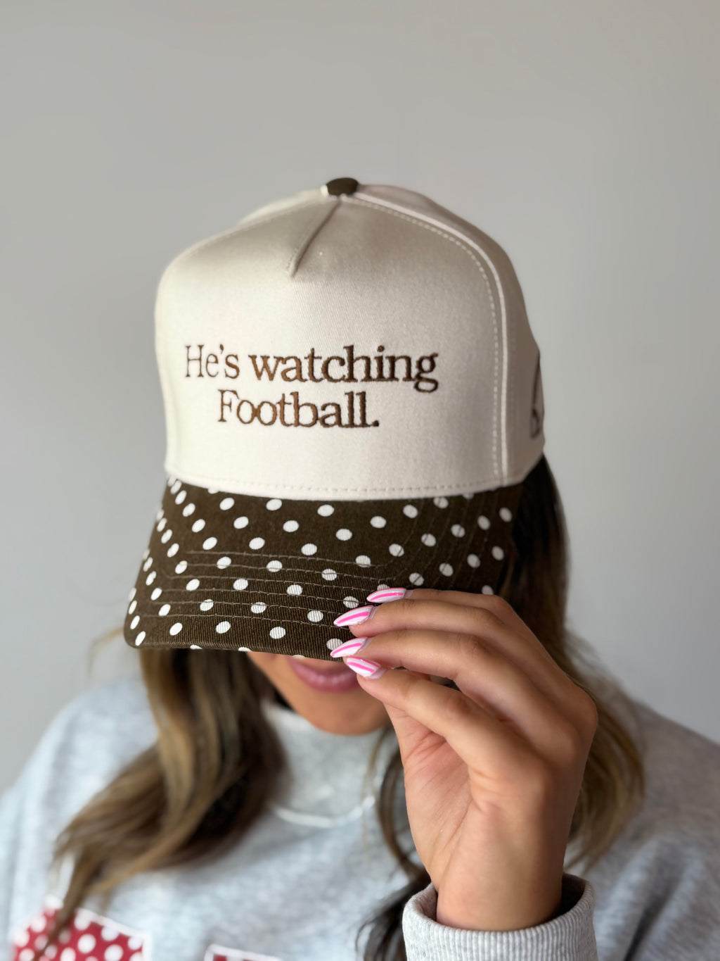 He's Watching Football - Brown Polka Dot Hat