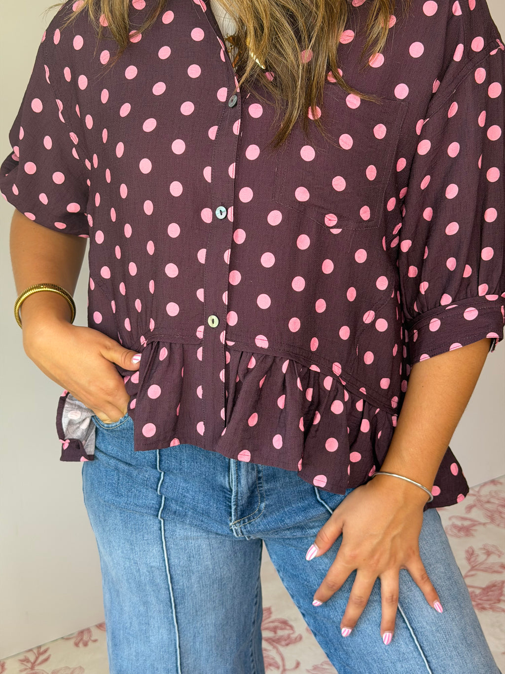 Wine Polka Dot Ruffle Hem Blouse