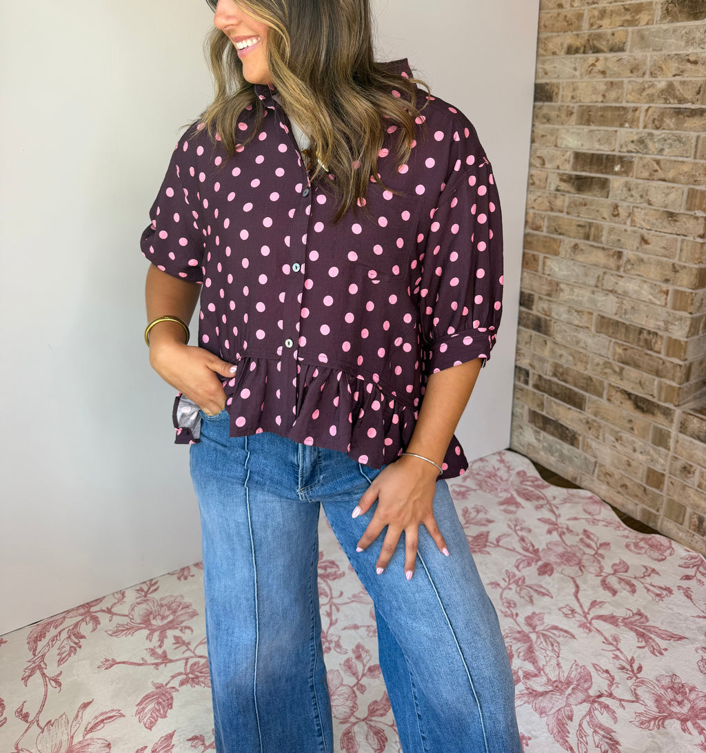 Wine Polka Dot Ruffle Hem Blouse