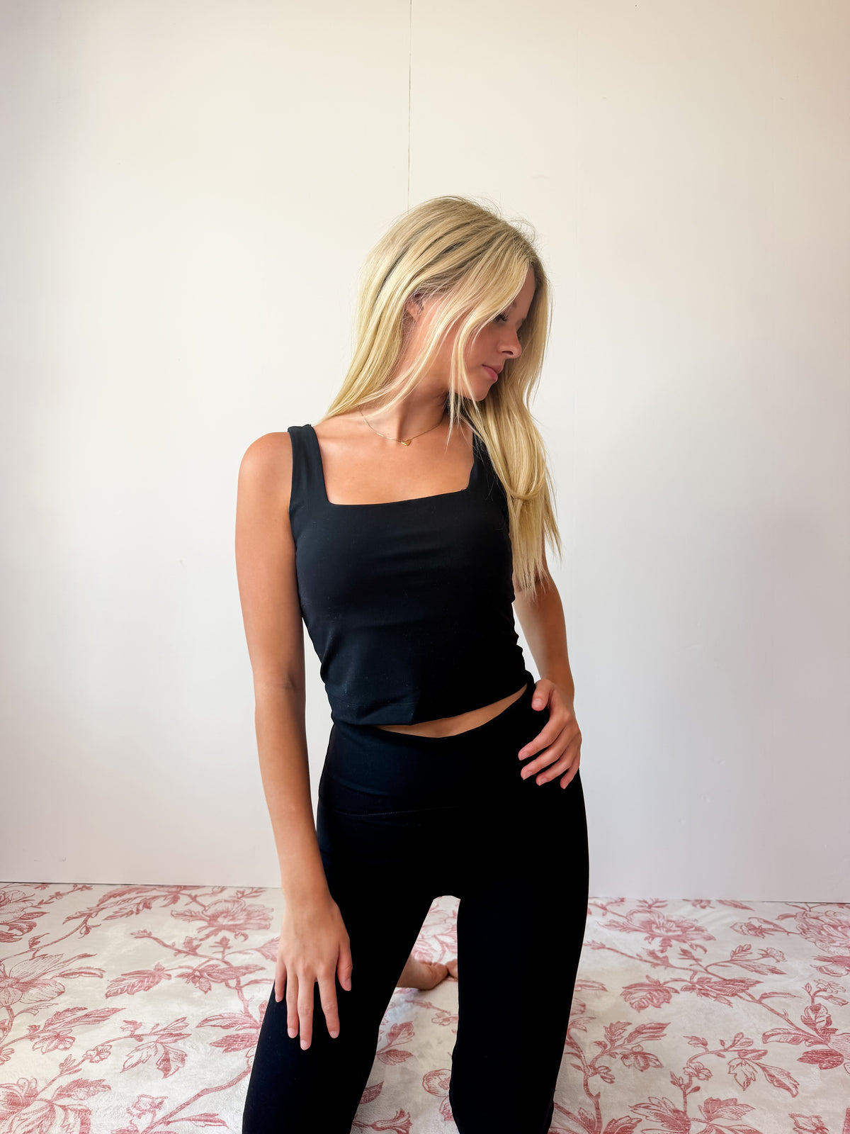 Black Nylon Butter Square Neck Cropped Tank