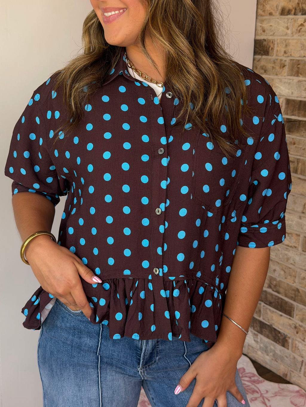 Brown Polka Dot Ruffle Hem Blouse