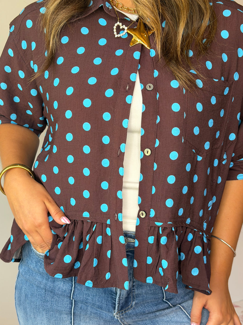 Brown Polka Dot Ruffle Hem Blouse