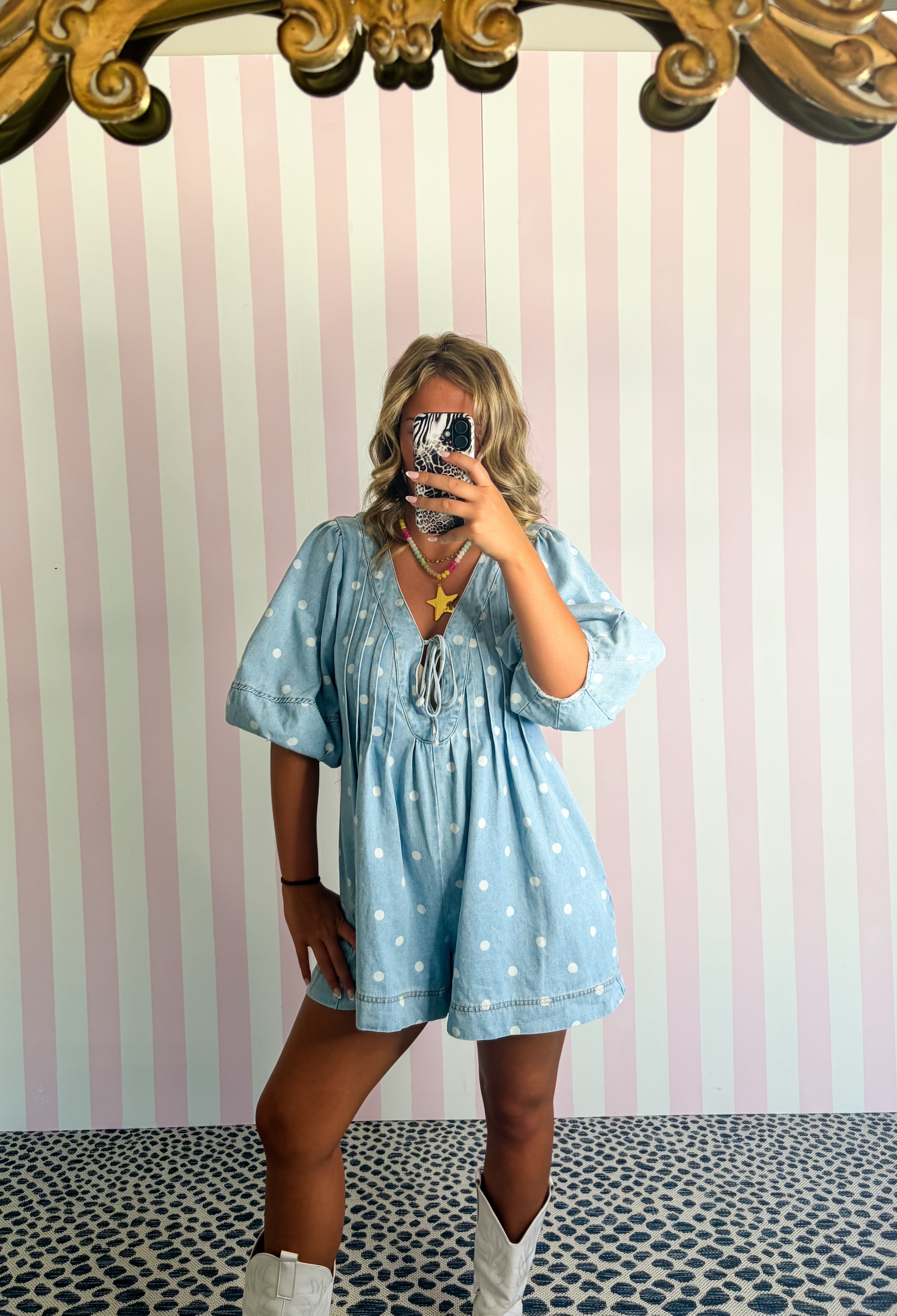 Pleated V-neck Dot Mini Romper With Front Tie