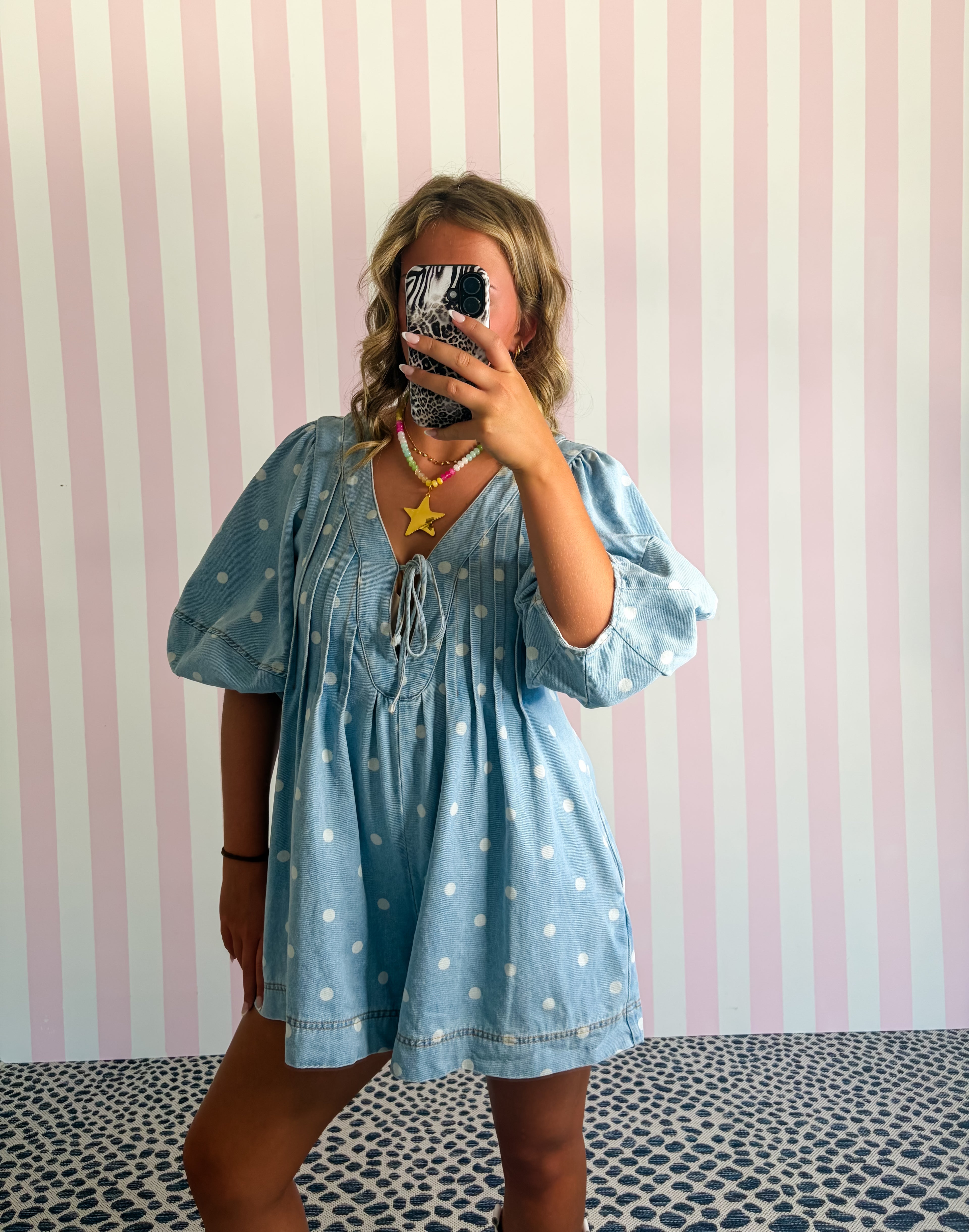 Pleated V-neck Dot Mini Romper With Front Tie