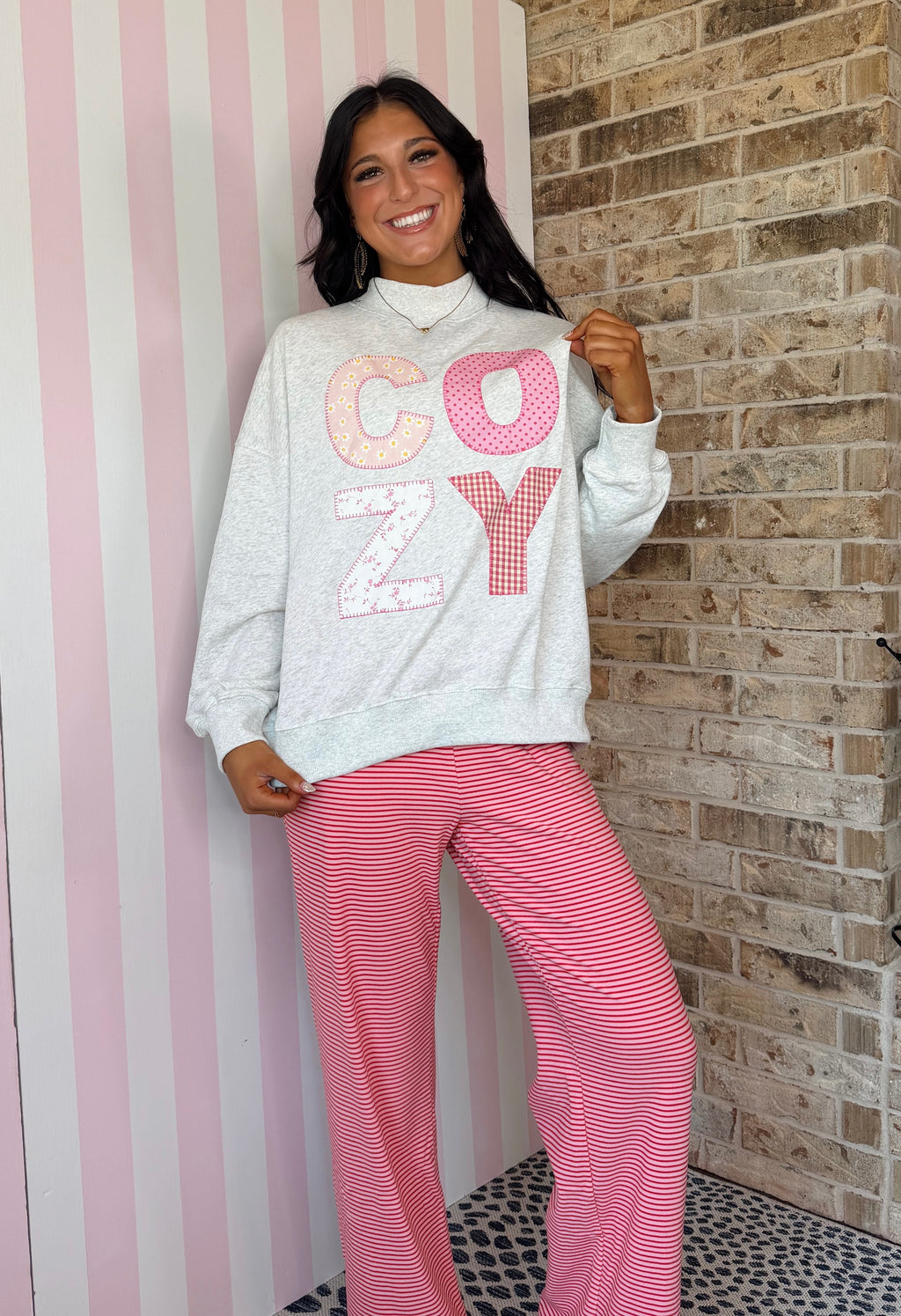 Cozy Patchwork Graphic Oversized Mock Neck Sweatshirt