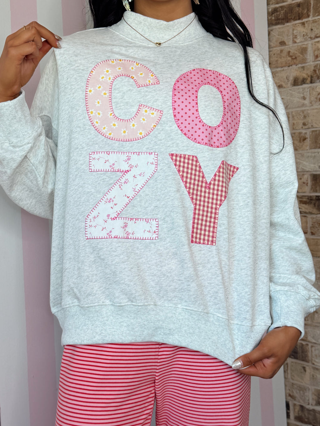 Cozy Patchwork Graphic Oversized Mock Neck Sweatshirt