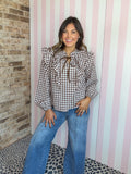 Ruffle Collar Gingham Tie Neck Blouse