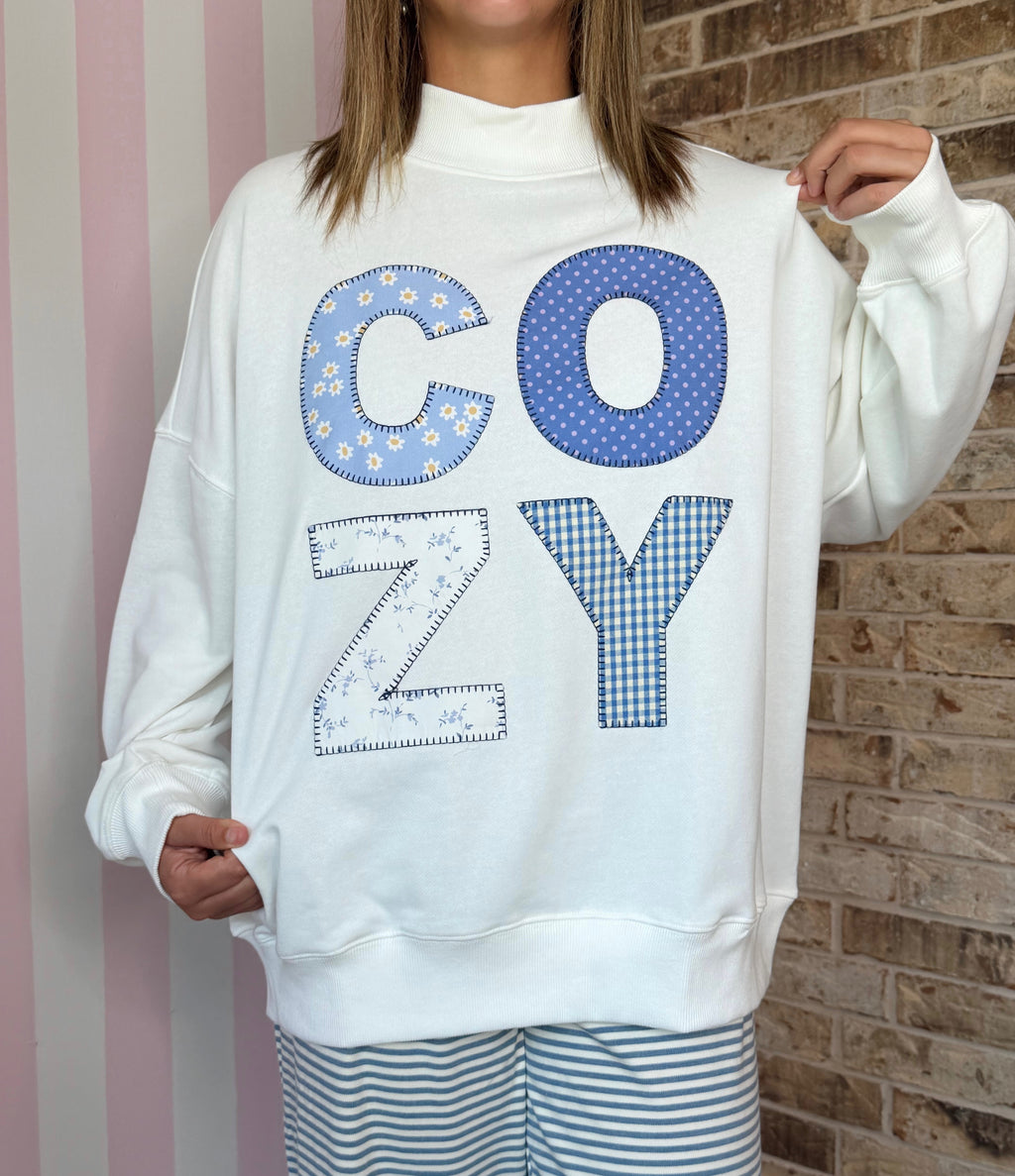 Cozy Patchwork Graphic Oversized Mock Neck Sweatshirt