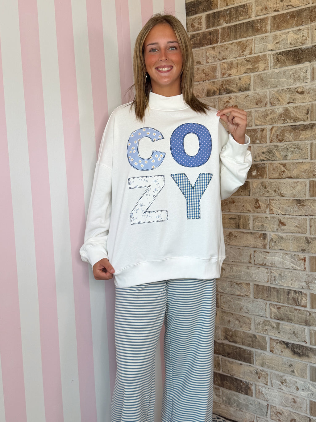 Cozy Patchwork Graphic Oversized Mock Neck Sweatshirt